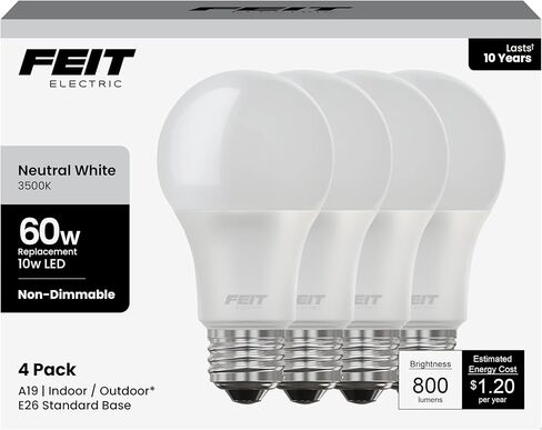 Feit Electric A19 LED Light Bulbs, 60W Equivalent, Non-Dimmable, 800 Lumens, E26 Standard Base, 2700k Soft White, 80 CRI, 10 Year Lifetime, Energy Efficient, 4 Pack, A800/827/10KLED/4 in Kuwait