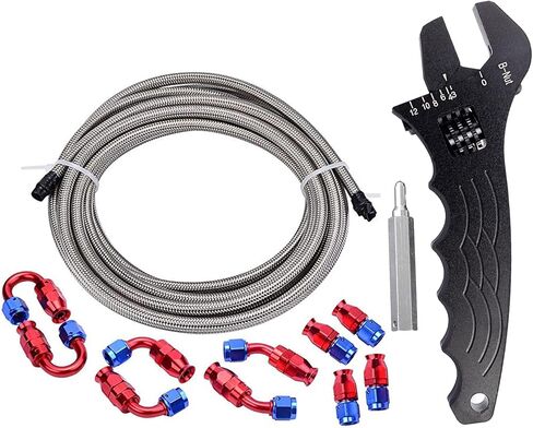 EVIL ENERGY 10AN 5/8 "PTFE E85 خرطوم مضفر لخط حقن الوقود طقم تركيب 16FT من الفولاذ المقاوم للصدأ حزمة فضية مع أدوات تركيب مفتاح ربط 3-12 قابلة للتعديل in Kuwait