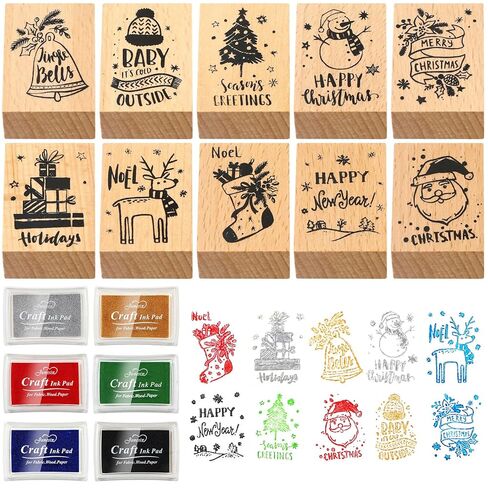 Feifeiya 16 Pcs Merry Christmas Rubber Stamp for Crafting with Craft Ink Pad Set - 10 Wooden Christmas Stamps and 6 Color Ink Pad for Cards Making Xmas Party Gift Decor Scrapbooking in Saudi Arabia