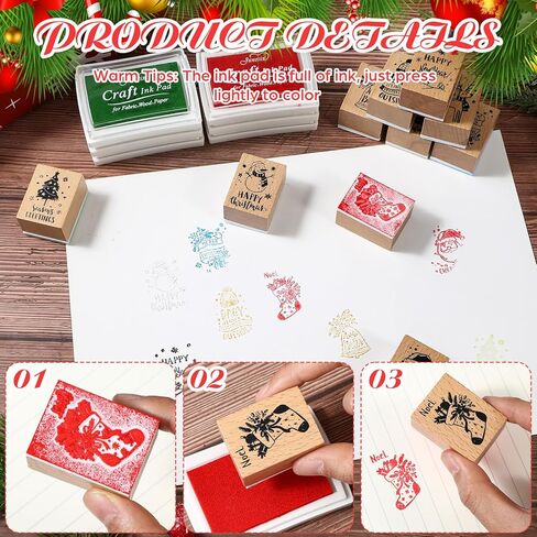 Feifeiya 16 Pcs Merry Christmas Rubber Stamp for Crafting with Craft Ink Pad Set - 10 Wooden Christmas Stamps and 6 Color Ink Pad for Cards Making Xmas Party Gift Decor Scrapbooking in Saudi Arabia