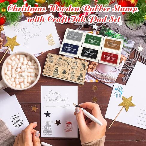 Feifeiya 16 Pcs Merry Christmas Rubber Stamp for Crafting with Craft Ink Pad Set - 10 Wooden Christmas Stamps and 6 Color Ink Pad for Cards Making Xmas Party Gift Decor Scrapbooking in Saudi Arabia