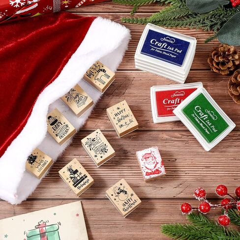 Feifeiya 16 Pcs Merry Christmas Rubber Stamp for Crafting with Craft Ink Pad Set - 10 Wooden Christmas Stamps and 6 Color Ink Pad for Cards Making Xmas Party Gift Decor Scrapbooking in Saudi Arabia