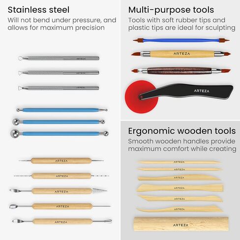 Arteza Pottery & Polymer Clay Tools, 42-Piece Sculpting Set, Steel Tip Tools with Wooden Handles, for Pottery Modeling, Smoothing, Carving & Ceramics in Saudi Arabia