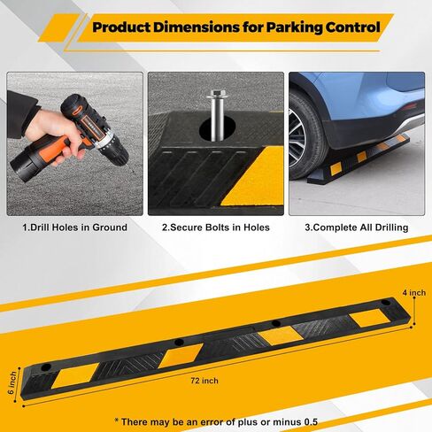 72 Inch Parking Stopper for Garage - Heavy Duty 6-Foot Long Rubber Parking Curb Stop for Car, Driveway, Parking Lot, Home with Yellow Reflective Stripe (1 Pack) in Saudi Arabia