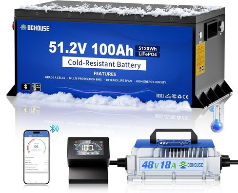 DC HOUSE 48V 100AH Cold-Resistant Metal Case Lithium Battery Golf Cart, Low Temp Discharge Down to -22°F, ≥95% Capacity Retention in Winter, 200A BMS, Bluetooth & LCD Monitor, Peak Current 700A in Saudi Arabia