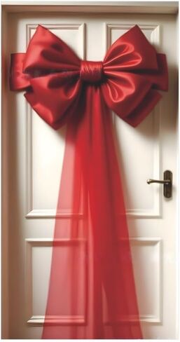 Red Bow Door Cover 71x35 Inch Large Christmas Banner for Front Door Outdoor Indoor Decorations Holiday Backdrop with Sheer Ribbon Giant Fabric Bowknot Gift Wrap Entryway Party Wedding Decor in Saudi Arabia