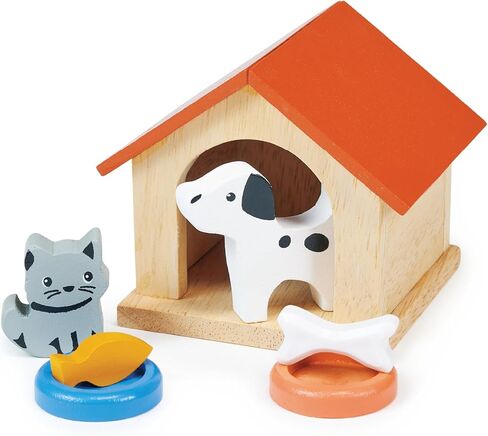 Mentari Toys - Dog & Cat Pet Set - 7pc Wooden Dollhouse Pet Accessories with Kennel, Dog, Cat, Bowls, Bone and Fish - Small World Play - Encourages Imaginative Play and Empathy Skills - Age 3+ in Kuwait