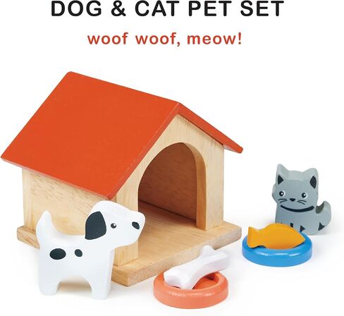Mentari Toys - Dog & Cat Pet Set - 7pc Wooden Dollhouse Pet Accessories with Kennel, Dog, Cat, Bowls, Bone and Fish - Small World Play - Encourages Imaginative Play and Empathy Skills - Age 3+ in Kuwait