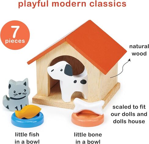 Mentari Toys - Dog & Cat Pet Set - 7pc Wooden Dollhouse Pet Accessories with Kennel, Dog, Cat, Bowls, Bone and Fish - Small World Play - Encourages Imaginative Play and Empathy Skills - Age 3+ in Kuwait