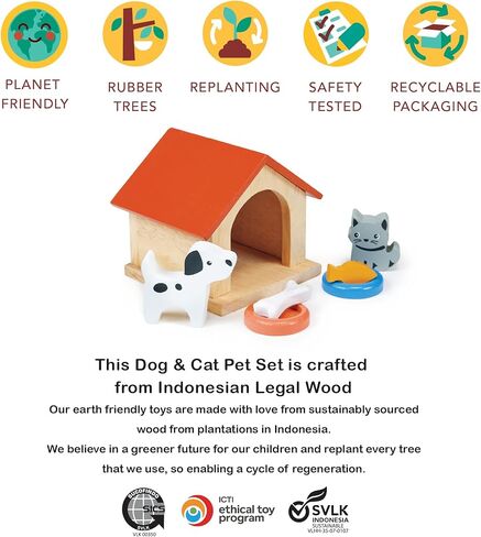 Mentari Toys - Dog & Cat Pet Set - 7pc Wooden Dollhouse Pet Accessories with Kennel, Dog, Cat, Bowls, Bone and Fish - Small World Play - Encourages Imaginative Play and Empathy Skills - Age 3+ in Kuwait