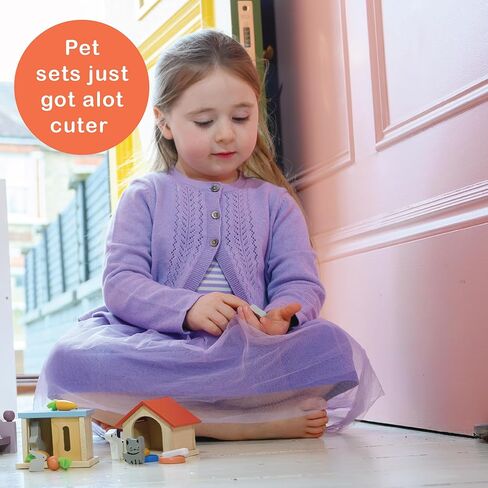 Mentari Toys - Dog & Cat Pet Set - 7pc Wooden Dollhouse Pet Accessories with Kennel, Dog, Cat, Bowls, Bone and Fish - Small World Play - Encourages Imaginative Play and Empathy Skills - Age 3+ in Kuwait