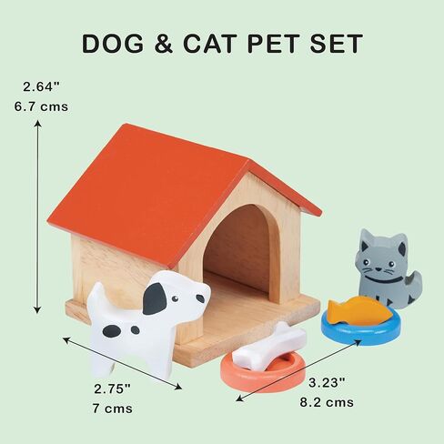 Mentari Toys - Dog & Cat Pet Set - 7pc Wooden Dollhouse Pet Accessories with Kennel, Dog, Cat, Bowls, Bone and Fish - Small World Play - Encourages Imaginative Play and Empathy Skills - Age 3+ in Kuwait
