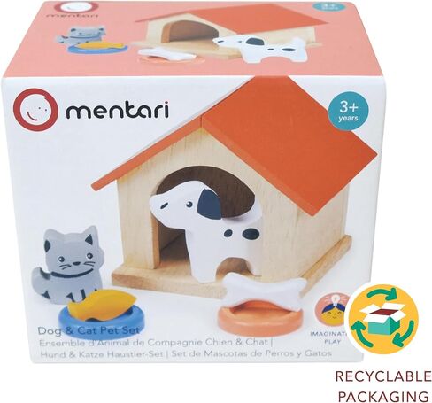 Mentari Toys - Dog & Cat Pet Set - 7pc Wooden Dollhouse Pet Accessories with Kennel, Dog, Cat, Bowls, Bone and Fish - Small World Play - Encourages Imaginative Play and Empathy Skills - Age 3+ in Kuwait