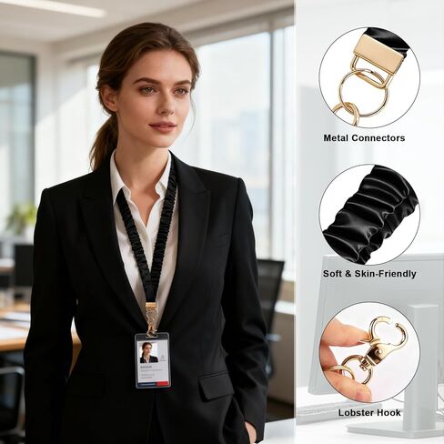 Scrunchie Lanyard for ID Badges Teacher, Stretchy Neck Key Lanyards for Women Men Nurse, Breakaway Cute Retractable Keychains Holder Clip for Cruise Ship Cards, Black in Kuwait