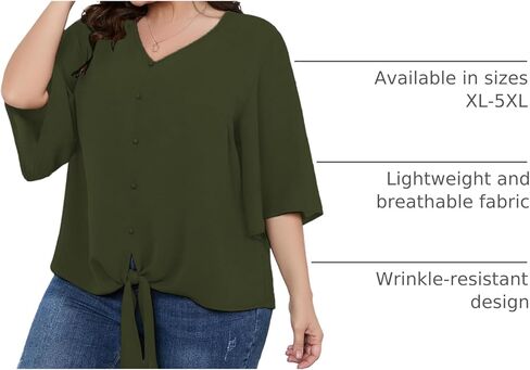 SCOMCHIC Women's Plus Size Blouses V Neck Tops 3/4 Sleeve Tie Knot Casual False Button Down Shirts XL-5XL in Kuwait