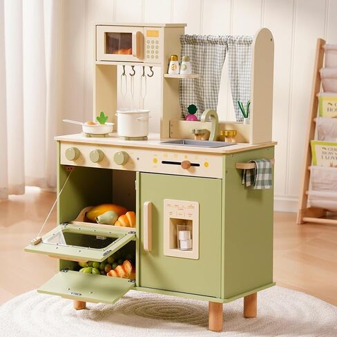 ROBOTIME Wooden Play Kitchen Set for Kids, Pretend Toddler Kitchen with Microwave, Sink, Stove & Ice Maker, Kids Kitchen Playset Gift for Boys and Girls Ages 3+ (Green) in Saudi Arabia