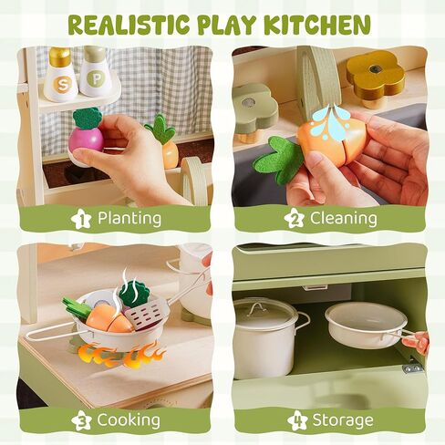 ROBOTIME Wooden Play Kitchen Set for Kids, Pretend Toddler Kitchen with Microwave, Sink, Stove & Ice Maker, Kids Kitchen Playset Gift for Boys and Girls Ages 3+ (Green) in Saudi Arabia