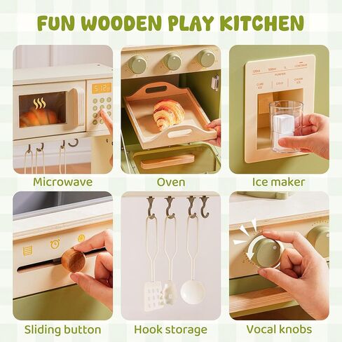 ROBOTIME Wooden Play Kitchen Set for Kids, Pretend Toddler Kitchen with Microwave, Sink, Stove & Ice Maker, Kids Kitchen Playset Gift for Boys and Girls Ages 3+ (Green) in Saudi Arabia