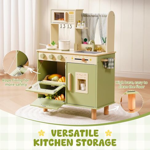 ROBOTIME Wooden Play Kitchen Set for Kids, Pretend Toddler Kitchen with Microwave, Sink, Stove & Ice Maker, Kids Kitchen Playset Gift for Boys and Girls Ages 3+ (Green) in Saudi Arabia