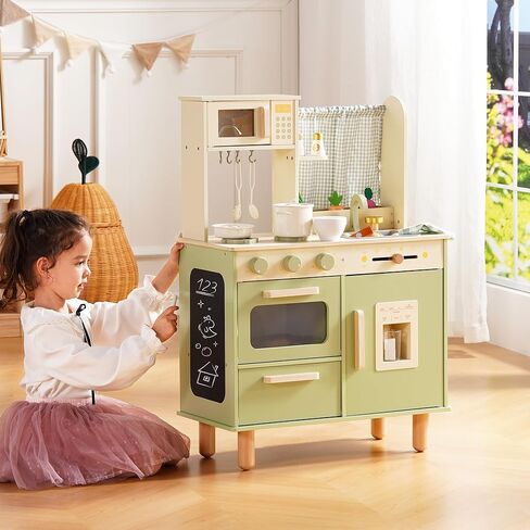 ROBOTIME Wooden Play Kitchen Set for Kids, Pretend Toddler Kitchen with Microwave, Sink, Stove & Ice Maker, Kids Kitchen Playset Gift for Boys and Girls Ages 3+ (Green) in Saudi Arabia