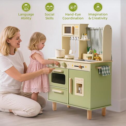 ROBOTIME Wooden Play Kitchen Set for Kids, Pretend Toddler Kitchen with Microwave, Sink, Stove & Ice Maker, Kids Kitchen Playset Gift for Boys and Girls Ages 3+ (Green) in Saudi Arabia