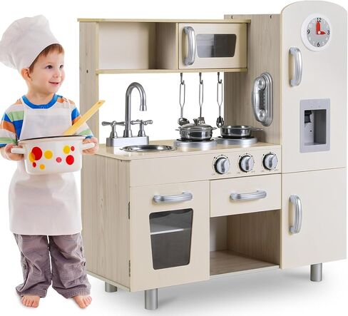 مجموعة لعب المطبخ للأطفال من ماميزو، مطبخ الطبخ لمرحلة ما قبل المدرسة، لعبة لعب تظاهر خشبية للأطفال الصغار مع ثلاجة، موقد، أواني الطبخ، الهاتف، الساعة، موزع المياه، خزانة، مجموعة مطبخ لعبة الشيف الصغير (أبيض) in Kuwait