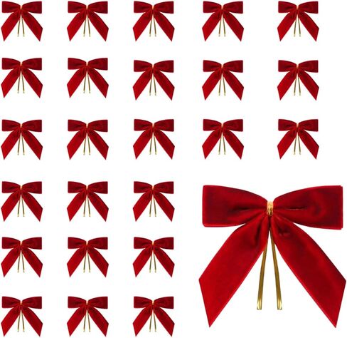 24 قطعة من الأقواس المخملية الحمراء مقاس 3.5 بوصة لشجرة عيد الميلاد مع أربطة ذهبية ملتوية، وأقواس صغيرة مصنوعة مسبقًا للشجرة، وأكاليل الزهور، وتغليف الهدايا، والسلال، وحفلات الزفاف، والاستحمام، والحرف اليدوية للعطلات (أحمر) in Kuwait