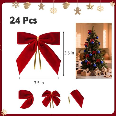 24 قطعة من الأقواس المخملية الحمراء مقاس 3.5 بوصة لشجرة عيد الميلاد مع أربطة ذهبية ملتوية، وأقواس صغيرة مصنوعة مسبقًا للشجرة، وأكاليل الزهور، وتغليف الهدايا، والسلال، وحفلات الزفاف، والاستحمام، والحرف اليدوية للعطلات (أحمر) in Kuwait