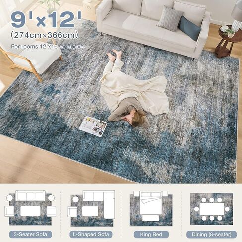 سجاد منطقة غرفة المعيشة dmoyest - 8x10 تجريدي كبير ناعم داخلي قابل للغسل سجادة محايدة حديثة منخفضة الوبر لغرفة النوم وغرفة الطعام والمزرعة والمكتب المنزلي - رمادي أزرق in Kuwait