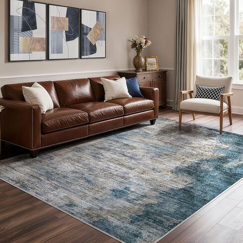 سجاد منطقة غرفة المعيشة dmoyest - 8x10 تجريدي كبير ناعم داخلي قابل للغسل سجادة محايدة حديثة منخفضة الوبر لغرفة النوم وغرفة الطعام والمزرعة والمكتب المنزلي - رمادي أزرق in Kuwait