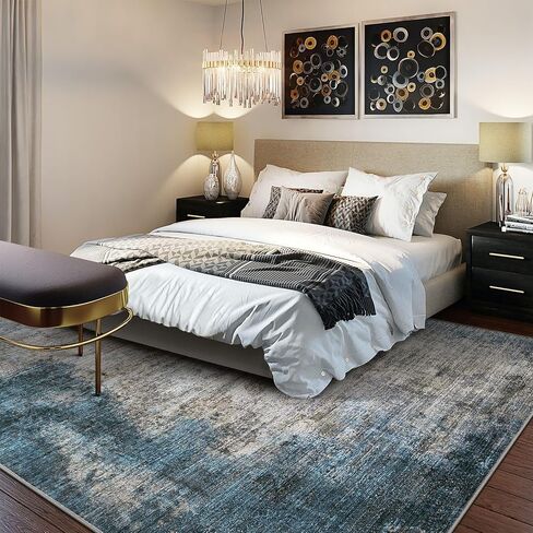 سجاد منطقة غرفة المعيشة dmoyest - 8x10 تجريدي كبير ناعم داخلي قابل للغسل سجادة محايدة حديثة منخفضة الوبر لغرفة النوم وغرفة الطعام والمزرعة والمكتب المنزلي - رمادي أزرق in Kuwait