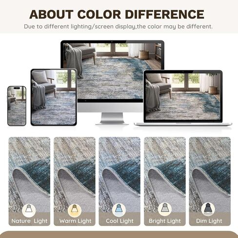 سجاد منطقة غرفة المعيشة dmoyest - 8x10 تجريدي كبير ناعم داخلي قابل للغسل سجادة محايدة حديثة منخفضة الوبر لغرفة النوم وغرفة الطعام والمزرعة والمكتب المنزلي - رمادي أزرق in Kuwait