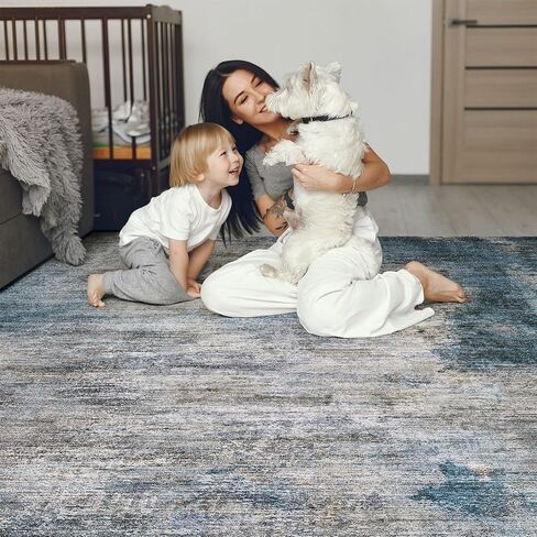 سجاد منطقة غرفة المعيشة dmoyest - 8x10 تجريدي كبير ناعم داخلي قابل للغسل سجادة محايدة حديثة منخفضة الوبر لغرفة النوم وغرفة الطعام والمزرعة والمكتب المنزلي - رمادي أزرق in Kuwait