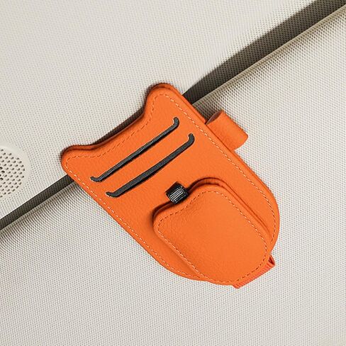 حامل نظارات شمسية لواقي السيارة، مشبك نظارات جلدي مغناطيسي، مع تذكرة ومشبك قلم (برتقالي) in Kuwait