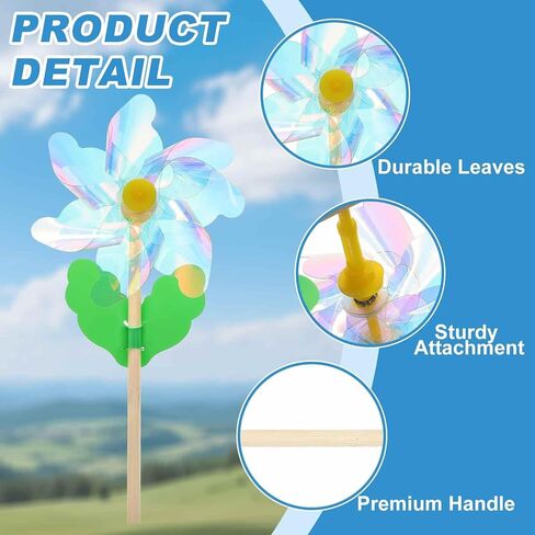HARFINGTON Pinwheels 4.7" Wind Spinner Reflective Pinwheels 7 Leaves Wooden Windmill with Wooden Sticks for Garden Yard Patio Lawn Outdoor Party Favors Gifts, Colorful in Saudi Arabia