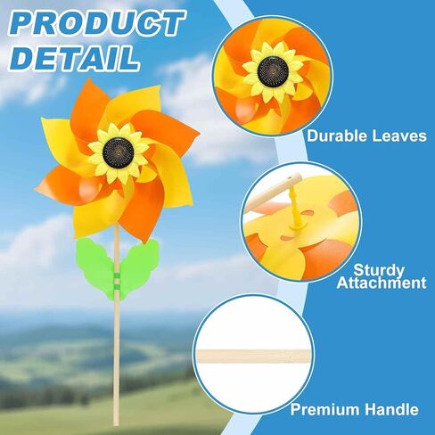HARFINGTON Pinwheels 19.7" Wind Spinner Rainbow Pinwheels 8 Leaves Wooden Windmill with Sunflower Wooden Sticks for Garden Yard Patio Lawn Outdoor Party Favors Gifts, Orange/Yellow in Saudi Arabia