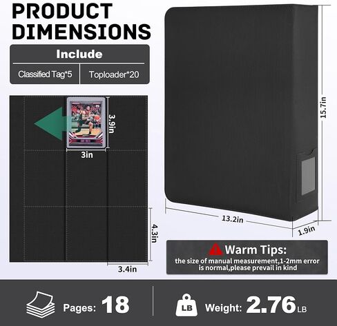 ZLCA Top Loader Binder-9 Pocket, Hold 324 Cards，Trading Card Binder Includes 20 Top Loaders, Top Loaders Binder for Sport Card, MTG, TCG（Black） in Saudi Arabia