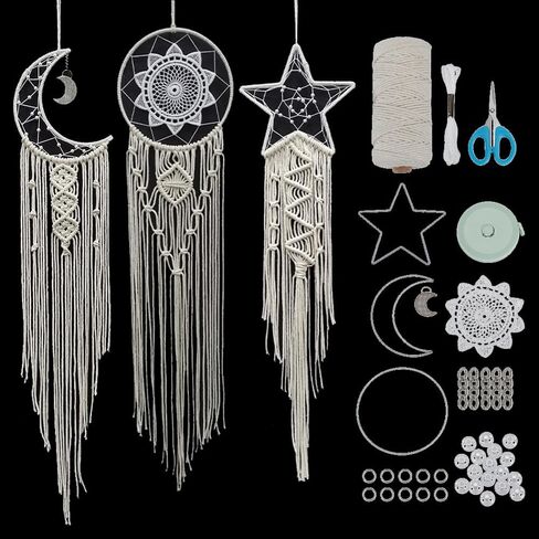 FREEBLOSS 3 Set Moon and Star Macrame Kit - Star Moon Dreamcatcher with Video Instructions - DIY Boho Wall Art - Macrame Wall Decoration for Bedroom Beginners in Saudi Arabia