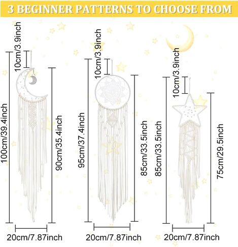 FREEBLOSS 3 Set Moon and Star Macrame Kit - Star Moon Dreamcatcher with Video Instructions - DIY Boho Wall Art - Macrame Wall Decoration for Bedroom Beginners in Saudi Arabia