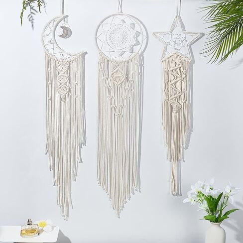 FREEBLOSS 3 Set Moon and Star Macrame Kit - Star Moon Dreamcatcher with Video Instructions - DIY Boho Wall Art - Macrame Wall Decoration for Bedroom Beginners in Saudi Arabia