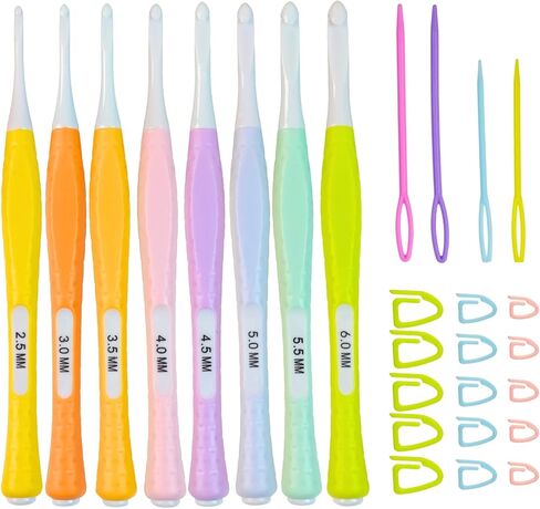 Araeknotta Small Crochet Hooks Set with Stitch Markers, Yarn Needles - 8 Sizes (2.5mm, 3mm, 3.5mm, 4mm, 4.5mm, 5mm, 5.5mm, 6mm) -Ergonomic Plastic Crochet Hook Needles for Arthritic Hands in Saudi Arabia