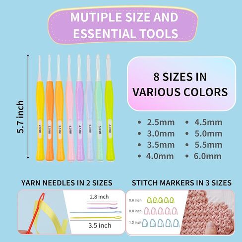 Araeknotta Small Crochet Hooks Set with Stitch Markers, Yarn Needles - 8 Sizes (2.5mm, 3mm, 3.5mm, 4mm, 4.5mm, 5mm, 5.5mm, 6mm) -Ergonomic Plastic Crochet Hook Needles for Arthritic Hands in Saudi Arabia