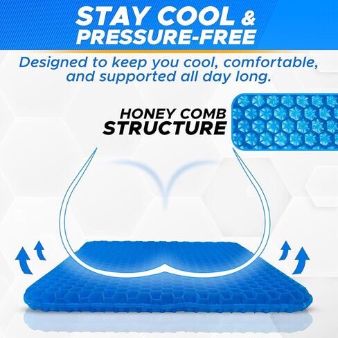 EcoNour Gel Seat Cushion for Long Sitting – Blue | Double-Layer Honeycomb Gel Cushion for Office Chair, Car & Wheelchair | Pain Relief for Tailbone, Sciatica & Back Support in Saudi Arabia