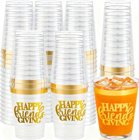 16 عبوة من أكواب عيد الأصدقاء السعيدة لتزيين حفلات عيد الشكر، 12 أونصة من رقائق الذهب البلاستيكية الشفافة القابلة لإعادة الاستخدام لمستلزمات حفلات عيد الشكر in Kuwait