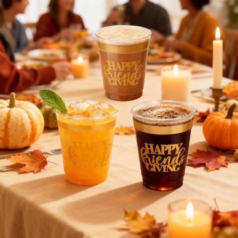 16 عبوة من أكواب عيد الأصدقاء السعيدة لتزيين حفلات عيد الشكر، 12 أونصة من رقائق الذهب البلاستيكية الشفافة القابلة لإعادة الاستخدام لمستلزمات حفلات عيد الشكر in Kuwait