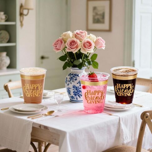 16 عبوة من أكواب عيد الأصدقاء السعيدة لتزيين حفلات عيد الشكر، 12 أونصة من رقائق الذهب البلاستيكية الشفافة القابلة لإعادة الاستخدام لمستلزمات حفلات عيد الشكر in Kuwait