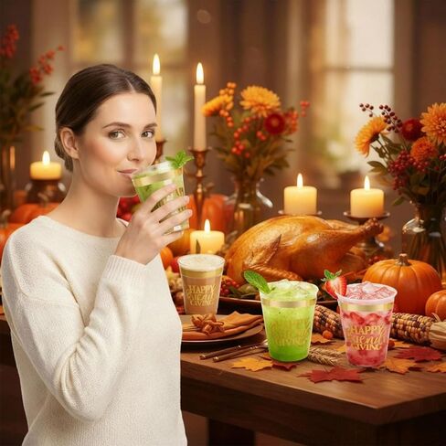 16 عبوة من أكواب عيد الأصدقاء السعيدة لتزيين حفلات عيد الشكر، 12 أونصة من رقائق الذهب البلاستيكية الشفافة القابلة لإعادة الاستخدام لمستلزمات حفلات عيد الشكر in Kuwait