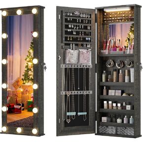 360° Swivel Jewelry Cabinet with Mirror Full-Length, Standing Mirror with Jewelry Storage Organizer, Jewelry Armoire with Mirror & Lights & 4-Tier Shelves, Gray in Kuwait