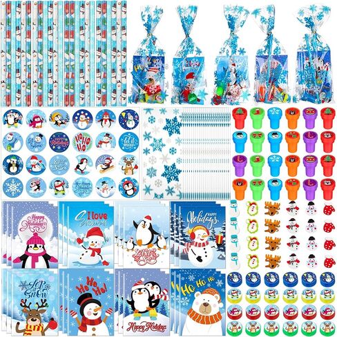 Zhanmai 168 Pcs Christmas School Stationery Set Includes 24 Christmas Pencils 24 Erasers 24 Sharpeners 24 Stickers 24 Mini Notebooks 24 Stamps 24 Gift Bags for Xmas Party Favors (Snowflake Style) in Saudi Arabia