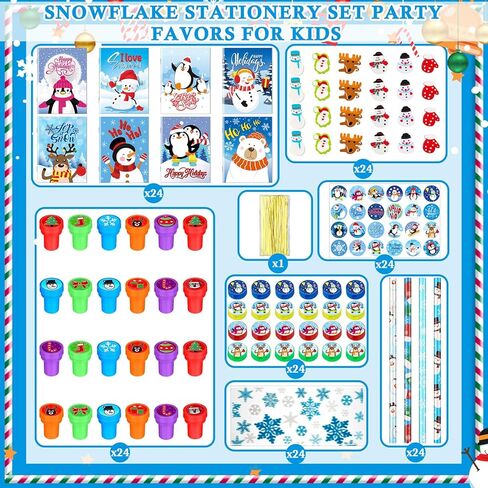 Zhanmai 168 Pcs Christmas School Stationery Set Includes 24 Christmas Pencils 24 Erasers 24 Sharpeners 24 Stickers 24 Mini Notebooks 24 Stamps 24 Gift Bags for Xmas Party Favors (Snowflake Style) in Saudi Arabia